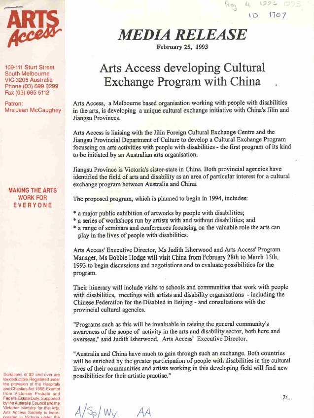 Image of Arts Access Victoria – China Cultural Exchange 1993 - Long Media Release