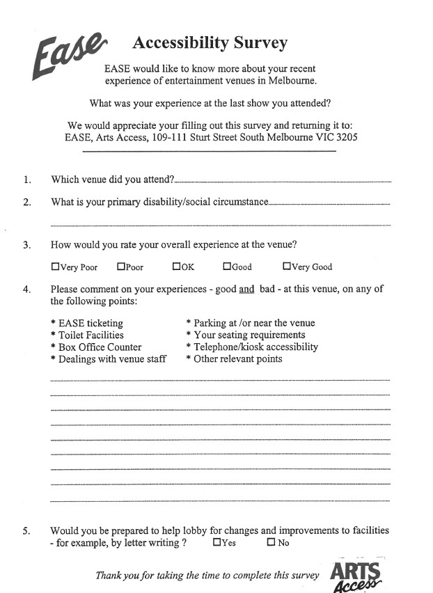 Image of Arts Access Victoria – EASE Accessibility Survey 1993 - Form