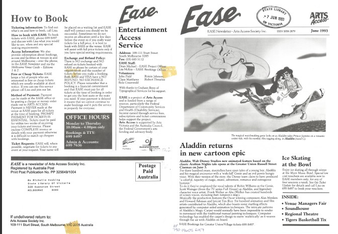 Image of Arts Access Victoria EASE Entertainment Access Service Newsletter June 1993