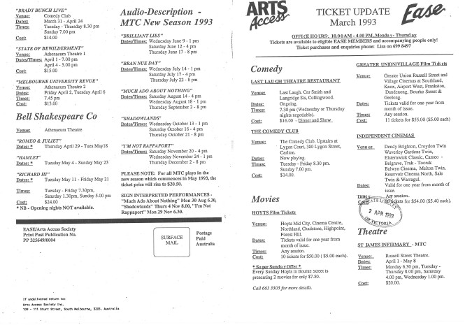 Image of Arts Access Victoria EASE Entertainment Access Service Ticketing Update March 1993