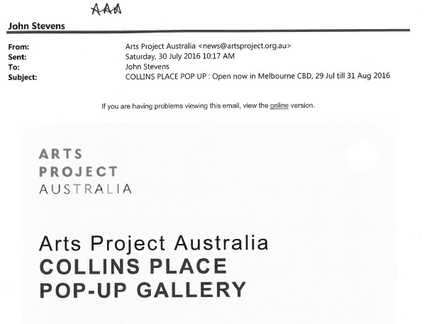 Image of Arts Project Australia - Collins Place PopUp - Email Promotional Flyer 30 July 2016