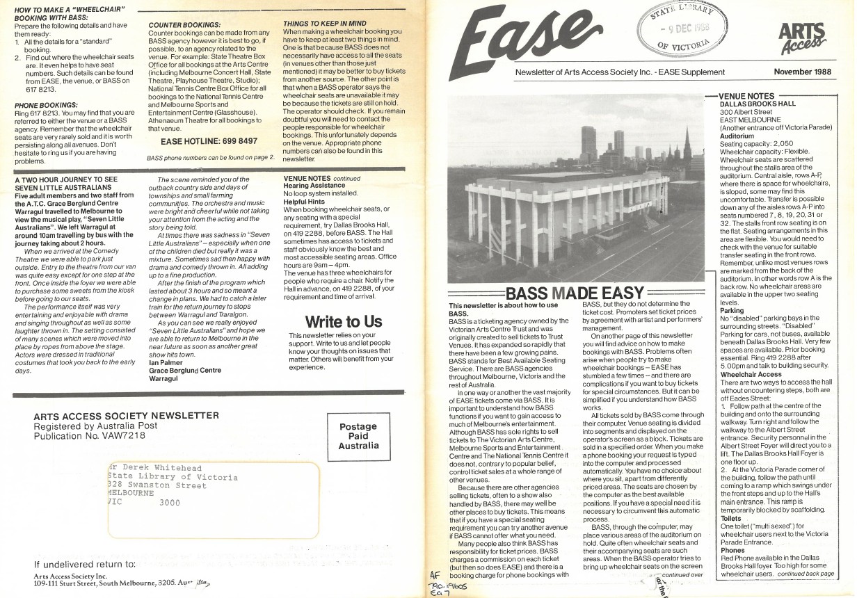 Image of Arts Access Victoria - Arts Access Society Inc.- EASE Entertainment Access Service Newsletter November 1988