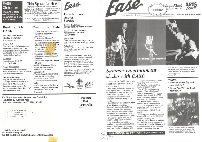 Image of Arts Access Victoria EASE Entertainment Access Service Newsletter Summer 1994-1995