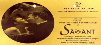 Image of Australian Theatre of The Deaf opening night invitation for show Savant