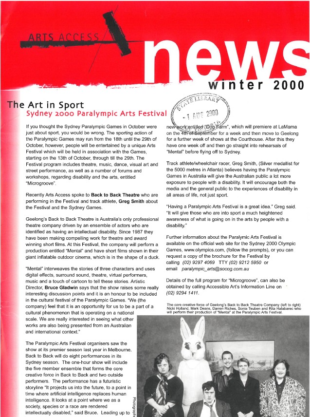Image of Arts Access Victoria - Access Newsletter Winter 2000