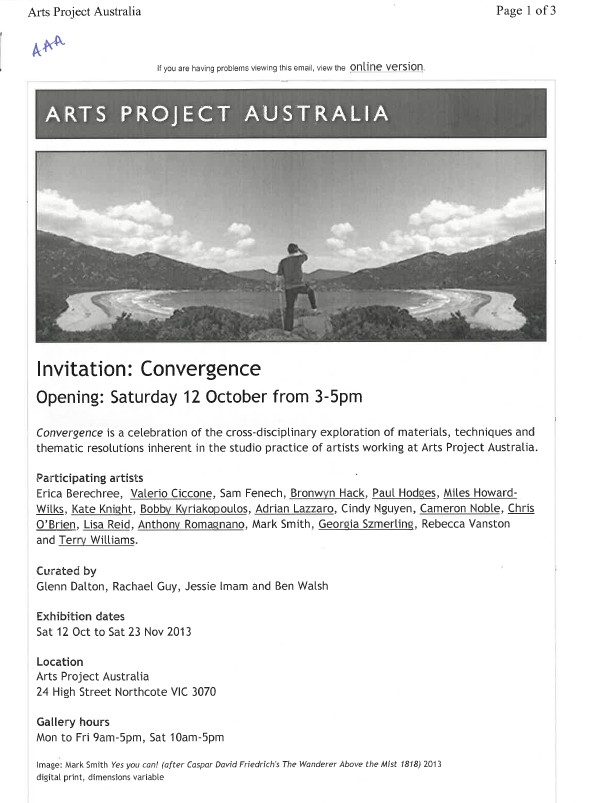 Image of Arts Project Australia - Convergence Exhibition 2013 - Peter Ben Solo Exhibition - Email Promotional Flyer