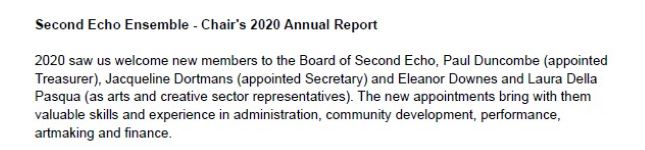 Image of Second Echo Ensemble - Chair's, Creative Producer's and Financial Reports 2020