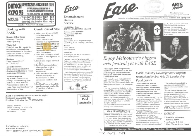Image of Arts Access Victoria EASE Entertainment Access Service Newsletter Spring 1995