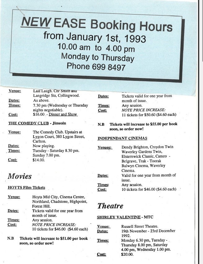 Image of Arts Access Victoria EASE Entertainment Access Service Ticketing Update December 1992