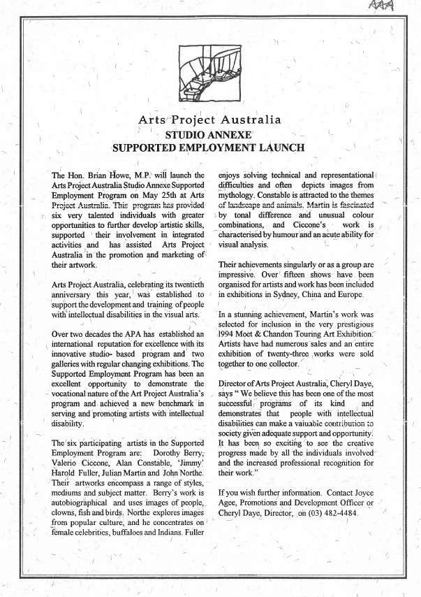 Image of Arts Project Australia - Studio Annexe Supported Employment Launch - Promotional Flyer - 1994