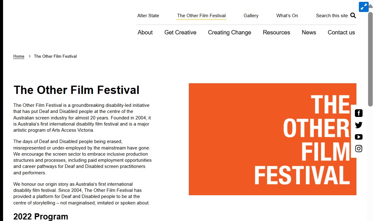Image of Arts Access Victoria - The Other Film Festival website 2022