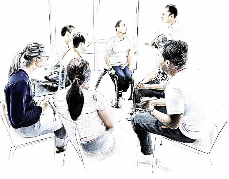 Line drawing style image of a group of disabled and non-disabled people
