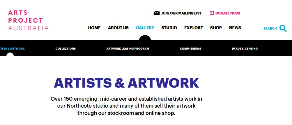 Image of Arts Project Australia - Artist & Artwork directory, captured 2022