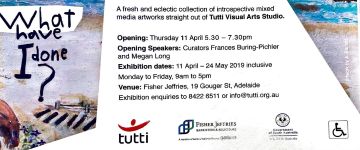 Image of Tutti Arts 'What Have I Done?' Exhibition 2019 Promotional Card