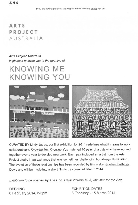 Image of Arts Project Australia - Knowing Me Knowing You Exhibition 2014 - Email Promotional Flyer