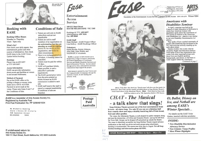 Image of Arts Access Victoria EASE Entertainment Access Service Newsletter Winter 1994