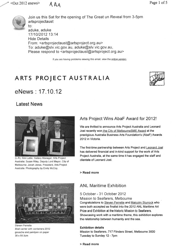 Image of Arts Project Australia - ENews - 20121017