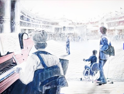 Line drawing style image of disabled and non-disabled people performing on stage at a festival