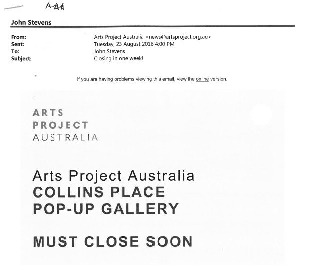 Image of Arts Project Australia - Collins Place PopUp - Email Promotional Flyer 23 August 2016