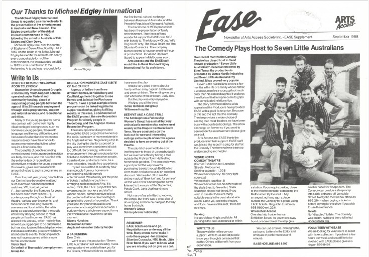 Arts Access Victoria - Arts Access Society Inc.- EASE Entertainment Access Service Newsletter September 1988