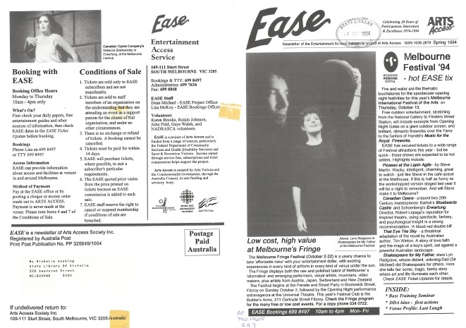 Image of Arts Access Victoria EASE Entertainment Access Service Newsletter Spring 1994