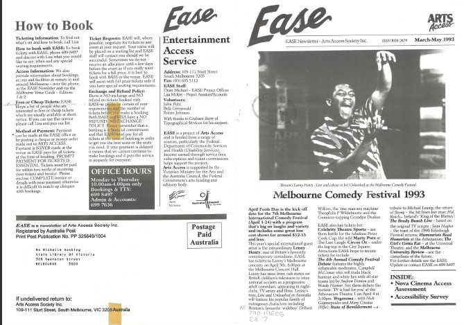 Image of Arts Access Victoria EASE Entertainment Access Service Newsletter March-May 1993
