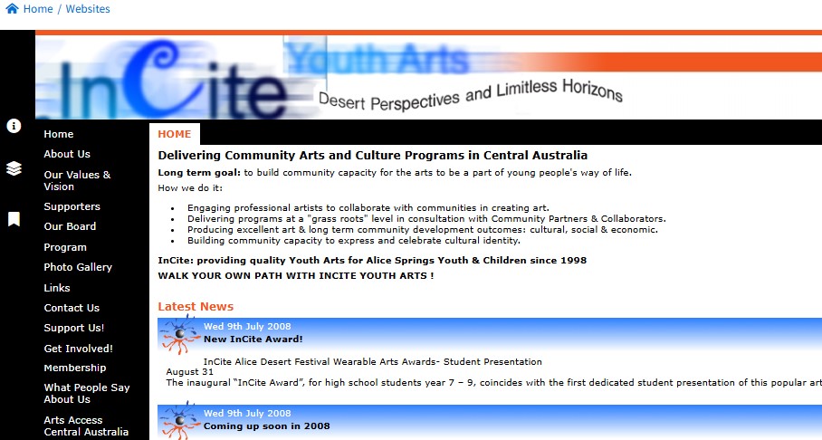 Image of InCite Arts website, captured 2008