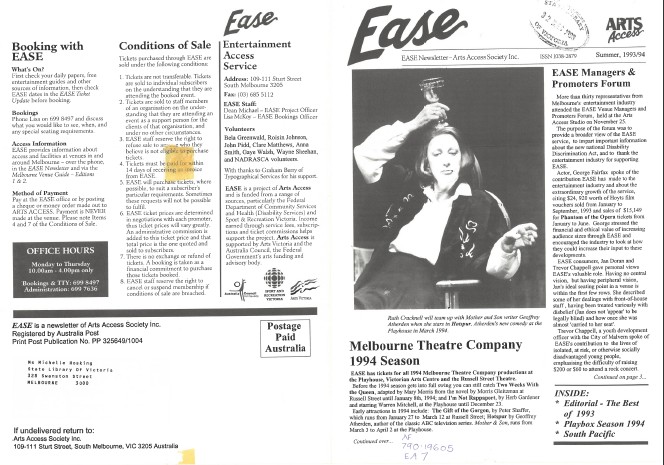 Image of Arts Access Victoria EASE Entertainment Access Service Newsletter Summer 1993-1994