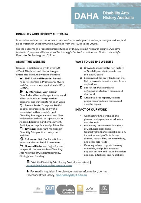 Image of Disability Arts History Australia Launch 2025 - 1 Page Information Sheet