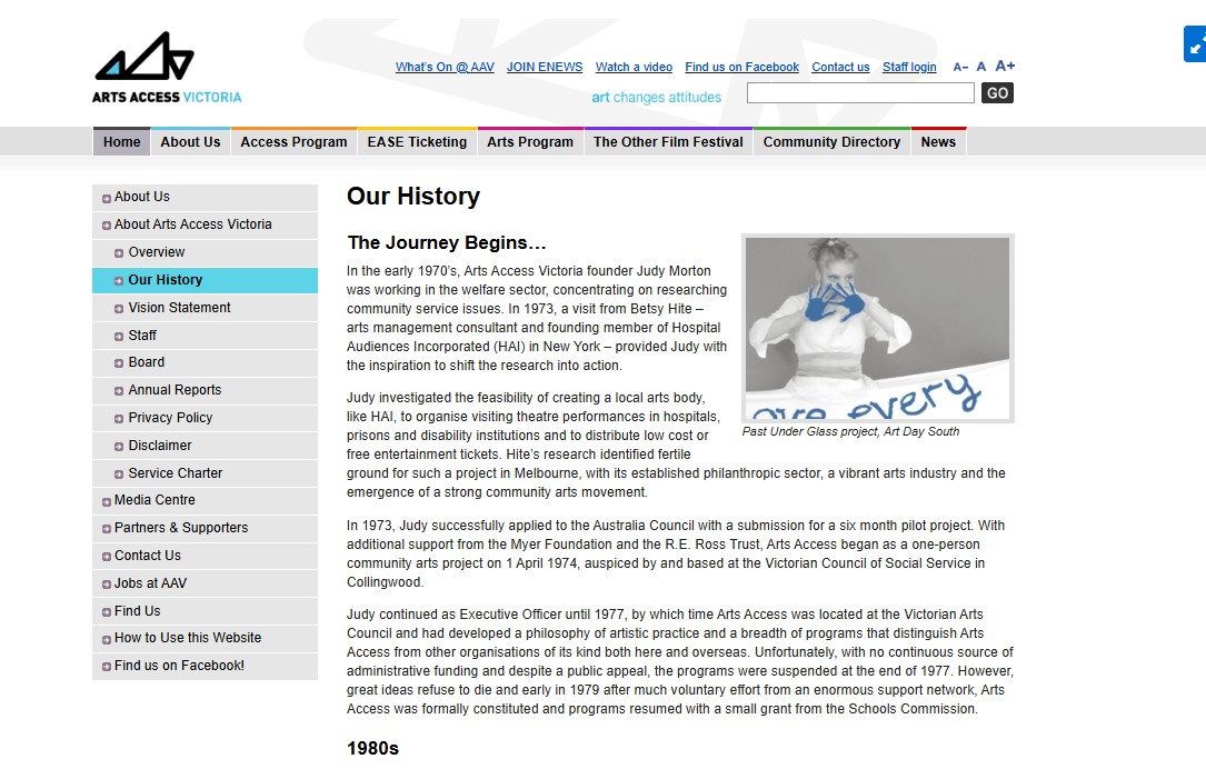 Image of Arts Access Victoria - History, captured 2011 webpage