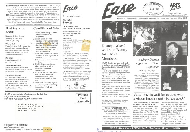 Image of Arts Access Victoria EASE Entertainment Access Service Newsletter Winter 1995