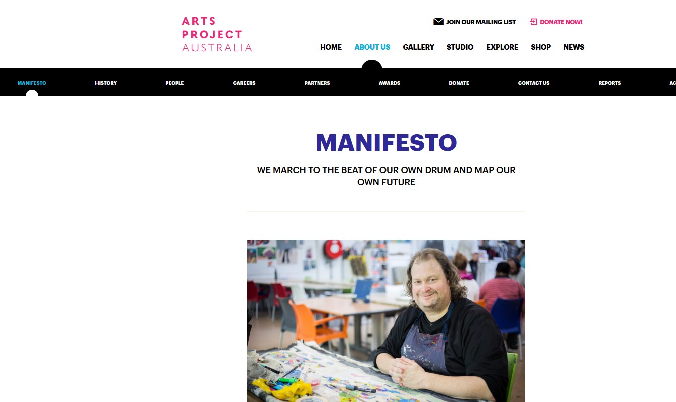 Image of Arts Project Australia - Manifesto, website captured 2022