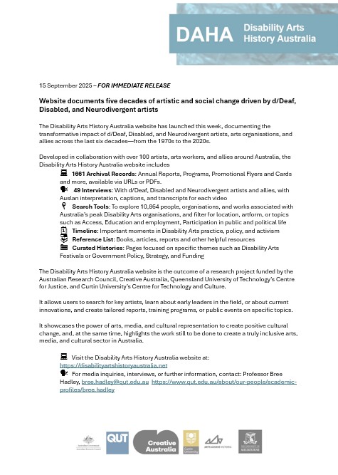 Image of Disability Arts History Australia - Launch 2025 - Media Release