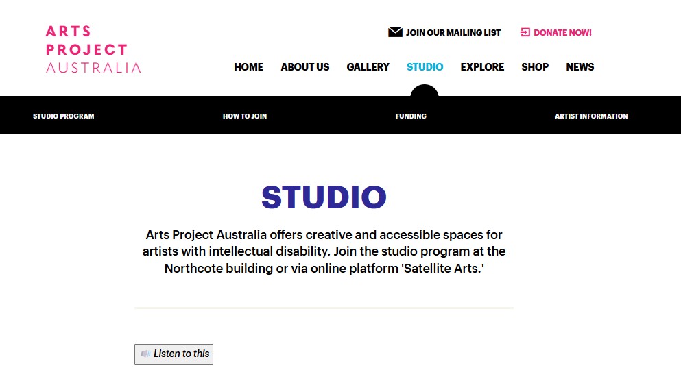 Image of Arts Project Australia - Studio, website captured 2022