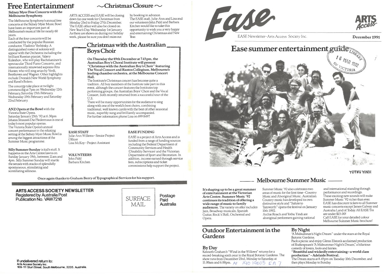 Image of Arts Access Victoria - Arts Access Society Inc. - EASE Entertainment Access Service Newsletter December 1991