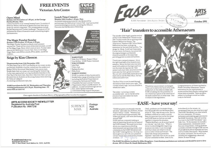 Image of Arts Access Victoria - Arts Access Society Inc. - EASE Entertainment Access Service Newsletter October 1991