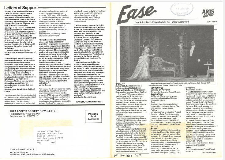 Image of Arts Access Victoria - Arts Access Society Inc.-EASE Entertainment Access Service Newsletter April 1989