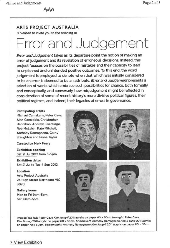 Image of Arts Project Australia - Error And Judgement Exhibition 2012 - Email Promotional Flyer
