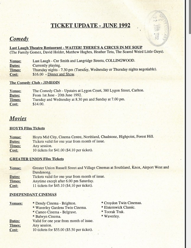 Image of Arts Access Victoria EASE Entertainment Access Service Ticketing Update June 1992