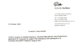 Image of Arts in Action - LOS for KickStart Canada Application for Janelle Colquhoun, Liz Navratil, and Jann Rutherford
