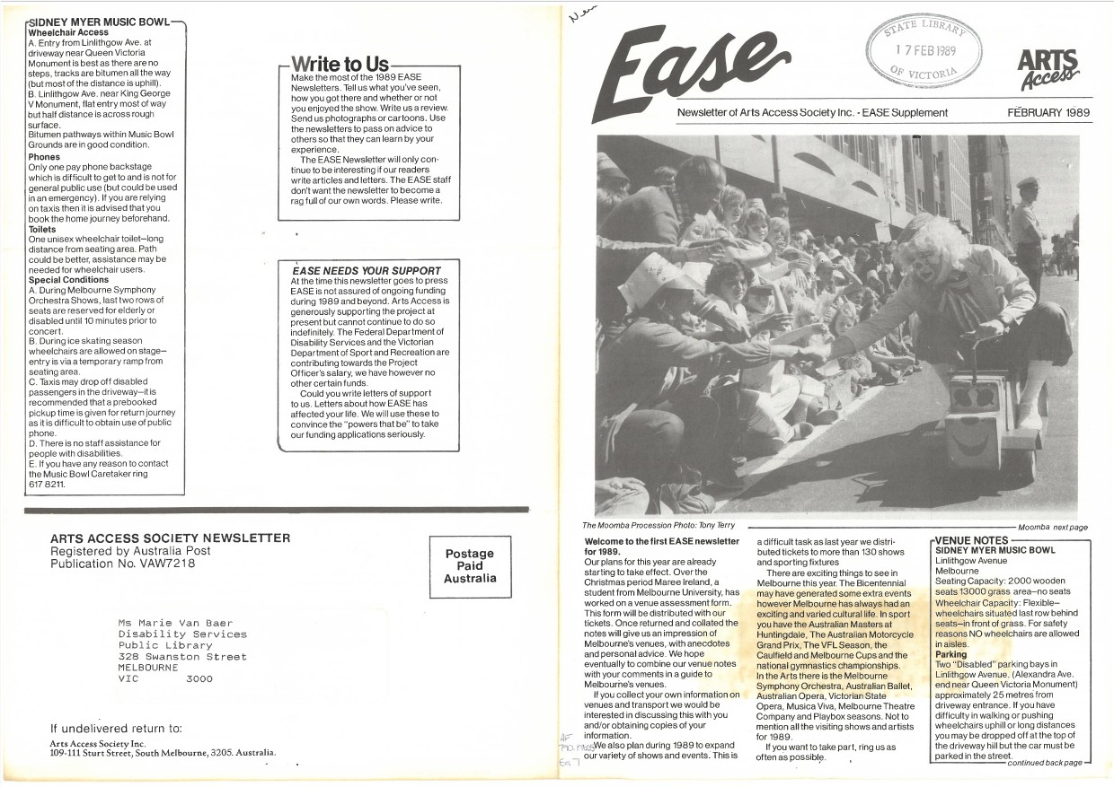 Image of Arts Access Victoria - Arts Access Society Inc.- EASE Entertainment Access Service Newsletter February 1989
