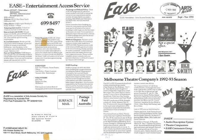Image of Arts Access Victoria EASE Entertainment Access Service Newsletter September/November 1992