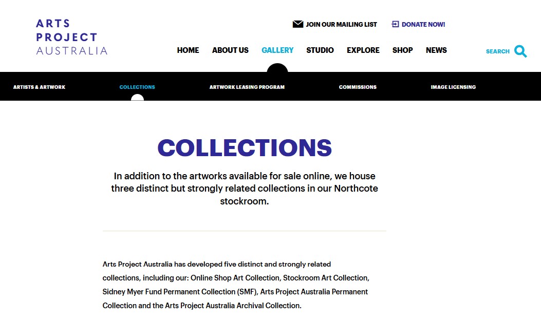 Image of Arts Project Australia - Collections, wbesite captured 2022