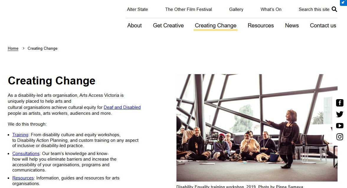 Image of Arts Access Victoria - Creating change, webpage captured 2024