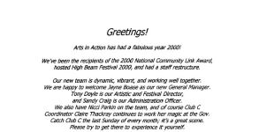 Image of "Greetings!"  One page review of highlights for Arts in Action in the year 2000.