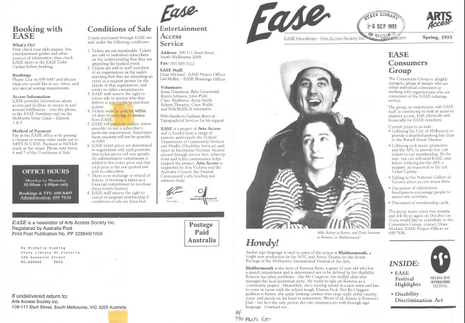 Image of Arts Access Victoria EASE Entertainment Access Service Newsletter Spring 1993