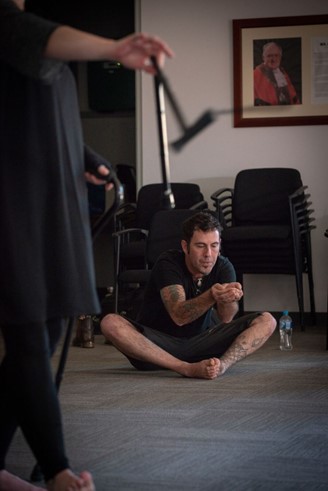 Image of Bree Hadley and Jeremy Hawkes at Transmission Workshop, led by Weizen Ho and Joshua Pether, as part of Last Avant Garde project, Meeting Place Arts & Disability Forum, Alice Springs 2018 - Copyright Eddie Paterson University of Melbourne