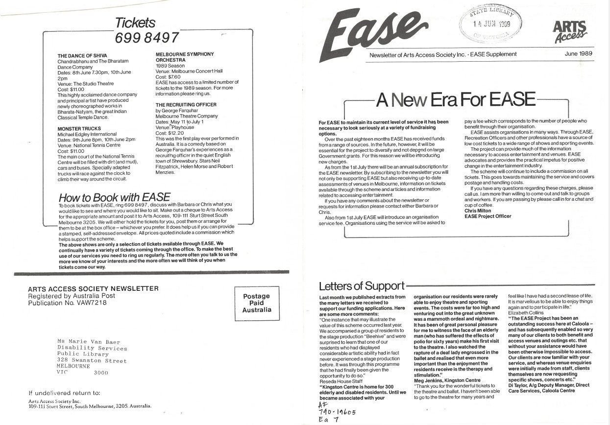 Image of Arts Access Victoria - Arts Access Society Inc.- EASE Entertainment Access Service Newsletter June 1989