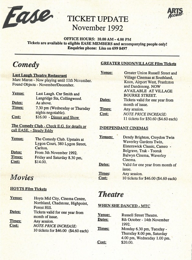 Image of Arts Access Victoria EASE Entertainment Access Service Ticketing Update November 1992