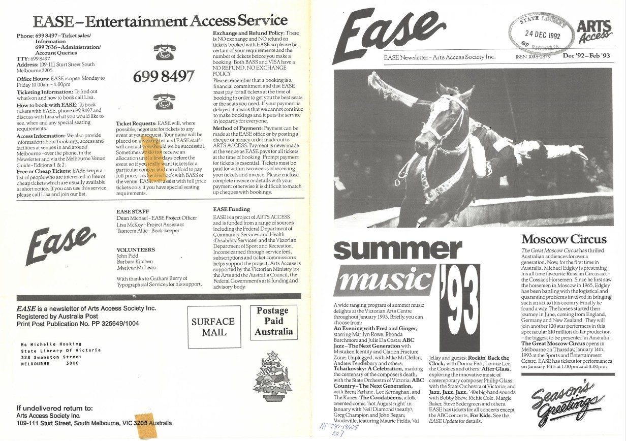 Image of “Arts Access Victoria EASE Entertainment Access Service Newsletter December 1992-February 1993